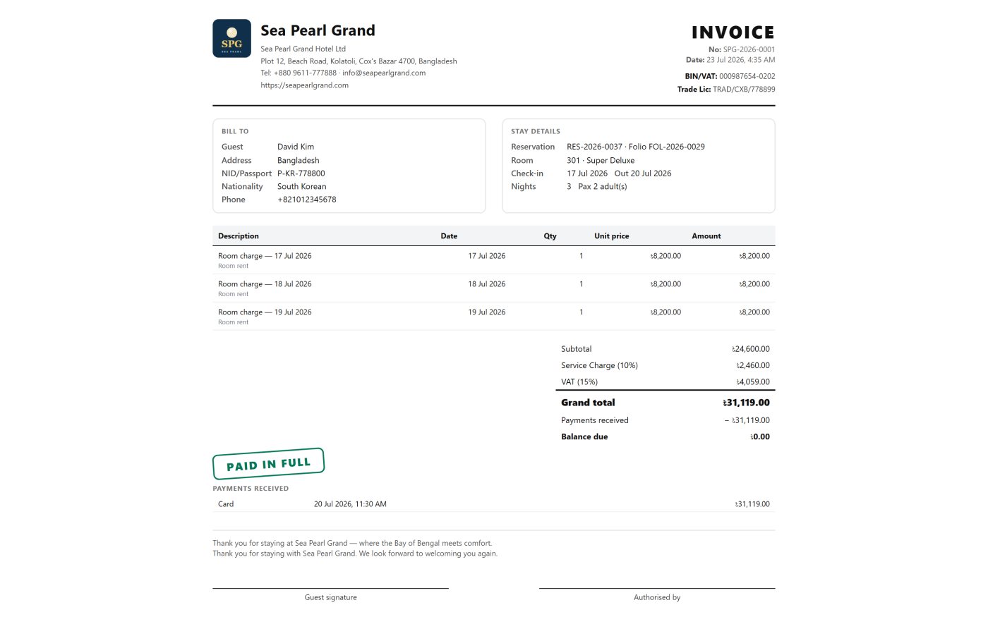 A branded guest invoice produced by AlapiStay, itemising room charges per night, 10% service charge, 15% VAT, payments received and the balance due.